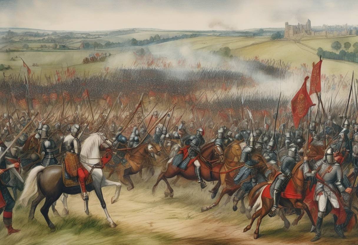 Watercolor painting based depiction of The Battle of Northampton took place during the Wars of the Roses, a series of civil wars for control of the throne of England. This battle saw the Yorkist forces, led by Richard Neville, the 16th Earl of Warwick, emerge victorious over the Lancastrian forces. The result was a decisive Yorkist triumph that allowed them to capture King Henry VI. (1460)