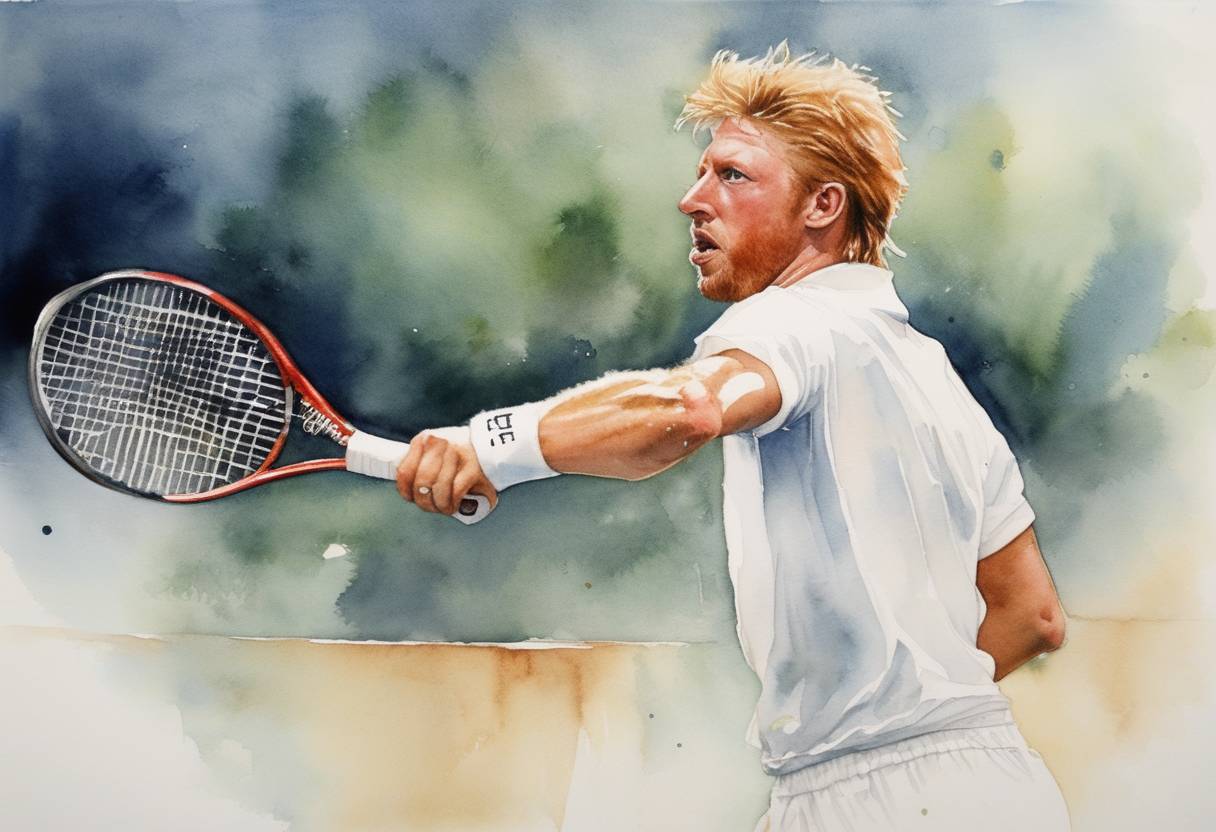 Watercolor painting based depiction of Boris Becker became the youngest champion in Wimbledon history at age 17 by winning the men's singles title. (1985)