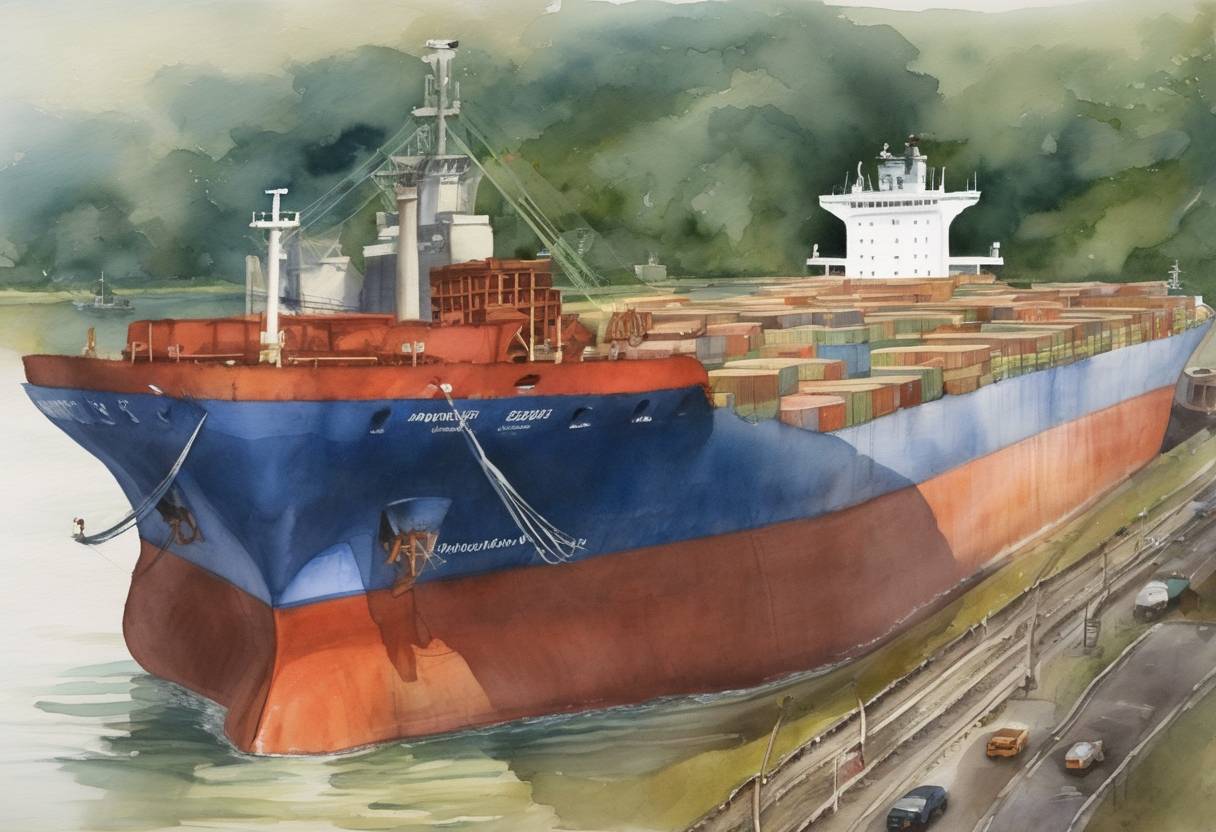 Watercolor painting based depiction of Panama approved the Panama Canal expansion project through a national referendum, allowing for increased shipping and larger vessels. (2006)