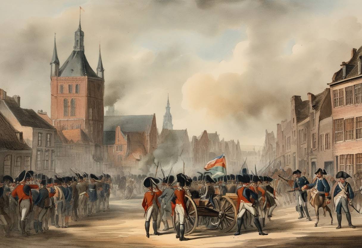 Watercolor painting based depiction of French Revolutionary forces captured Utrecht during the War of the First Coalition, marking the end of Dutch resistance against the French invasion. (1795)