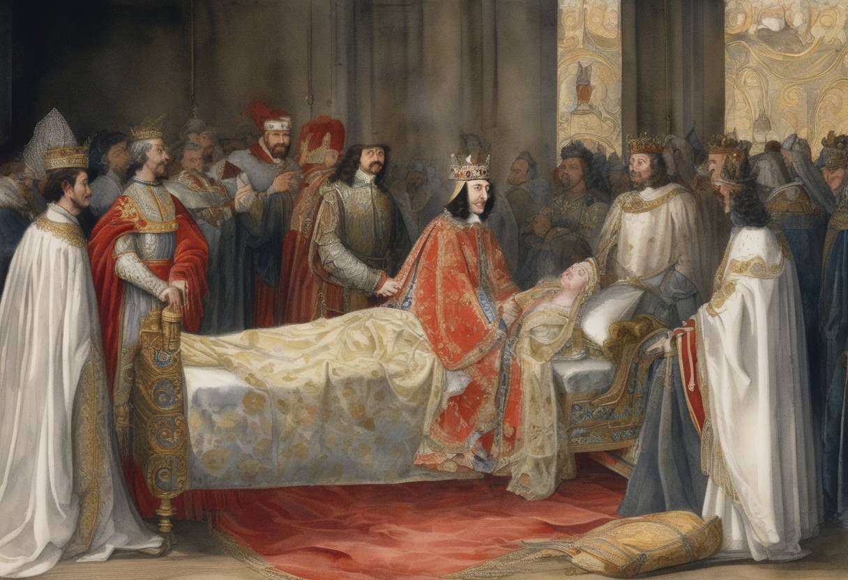 Watercolor painting based depiction of Charles II of Navarre dies and is succeeded by his son, Charles III, who becomes King of Navarre. (1387)