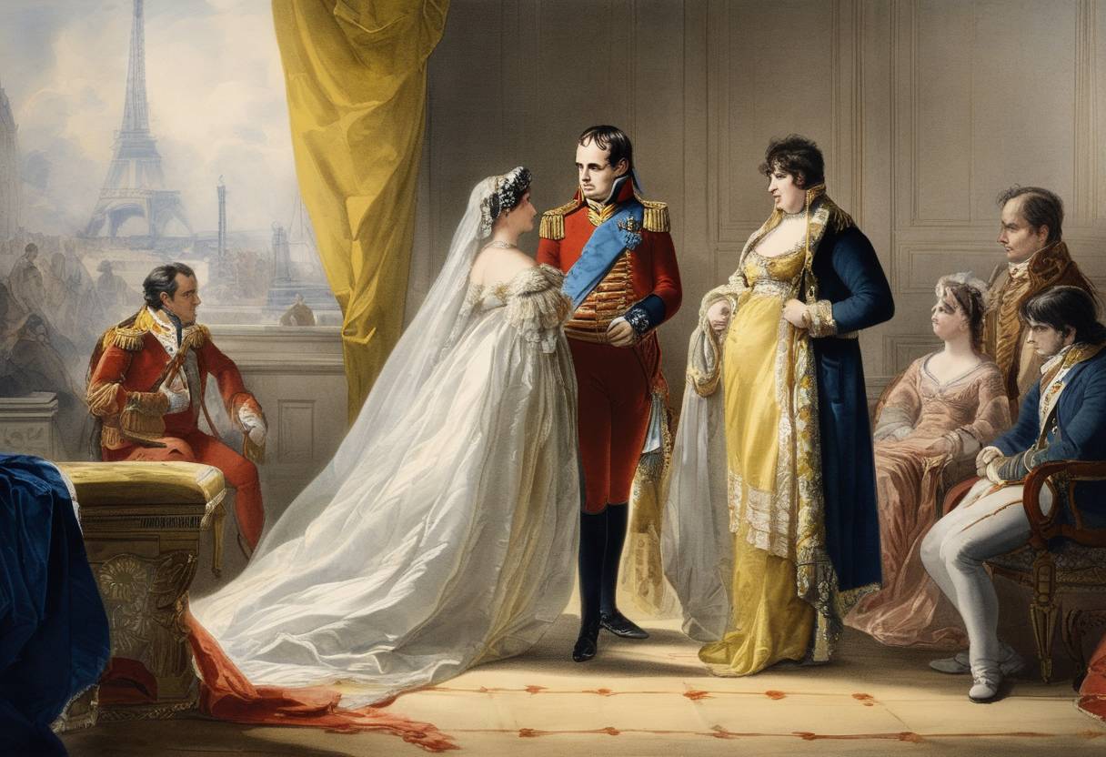 Watercolor painting based depiction of Napoleon Bonaparte marries his first wife, Joséphine de Beauharnais. (1796)