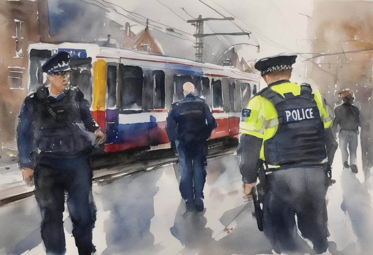 Watercolor painting based depiction of Dutch police arrest a suspect in connection with a tram shooting that killed three people in Utrecht the previous day, marking a tragic event that shook the Netherlands. (2019)