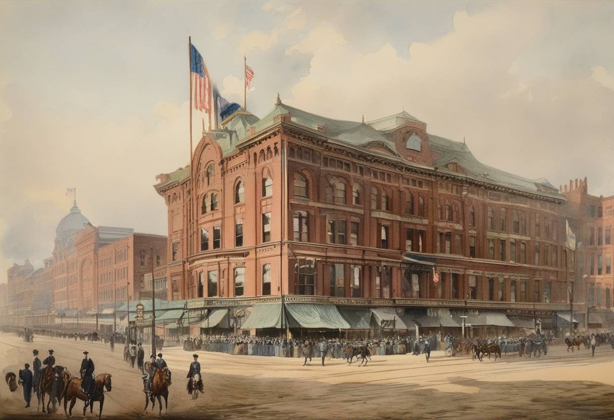 Watercolor painting based depiction of The American League is organized in Philadelphia with eight founding teams. (1900)