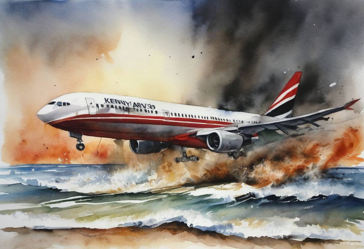 Watercolor painting based depiction of Kenya Airways Flight 431 crashes into the Atlantic Ocean shortly after takeoff from Félix-Houphouët-Boigny International Airport in Abidjan, Côte d'Ivoire, resulting in 169 fatalities out of the 179 passengers and crew on board. It remains one of the deadliest aviation disasters in the region. (2000)
