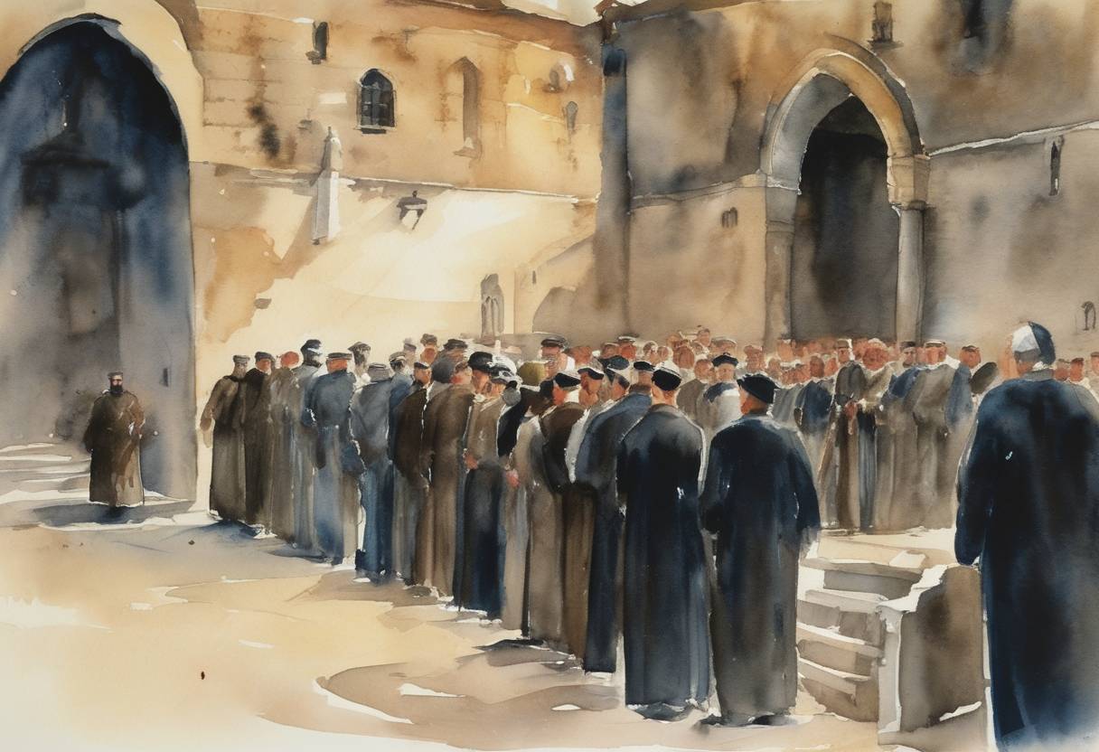 Watercolor painting based depiction of The trial of John Demjanjuk, accused of being the notorious Nazi death camp guard 'Ivan the Terrible', begins in Jerusalem. (1987)