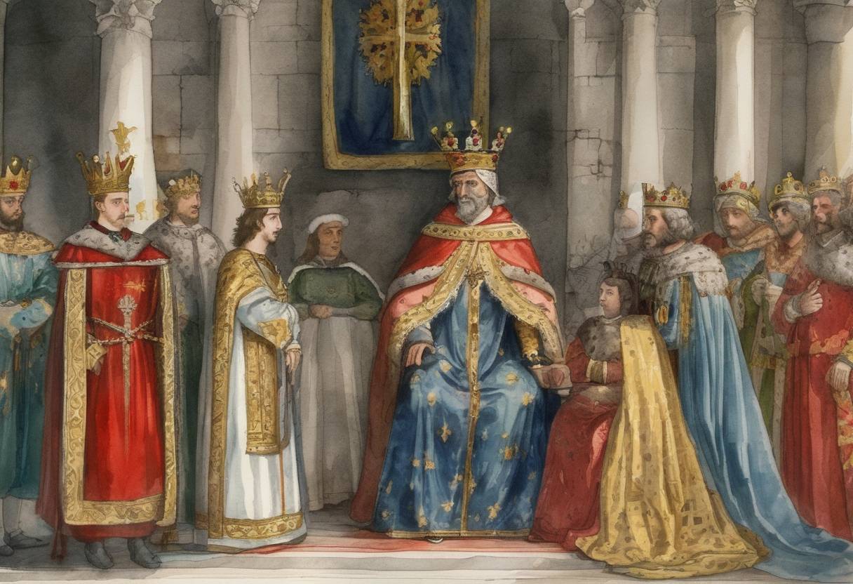 Watercolor painting based depiction of Alfonso IV was crowned King of Portugal after the death of his father, King Denis. (1325)