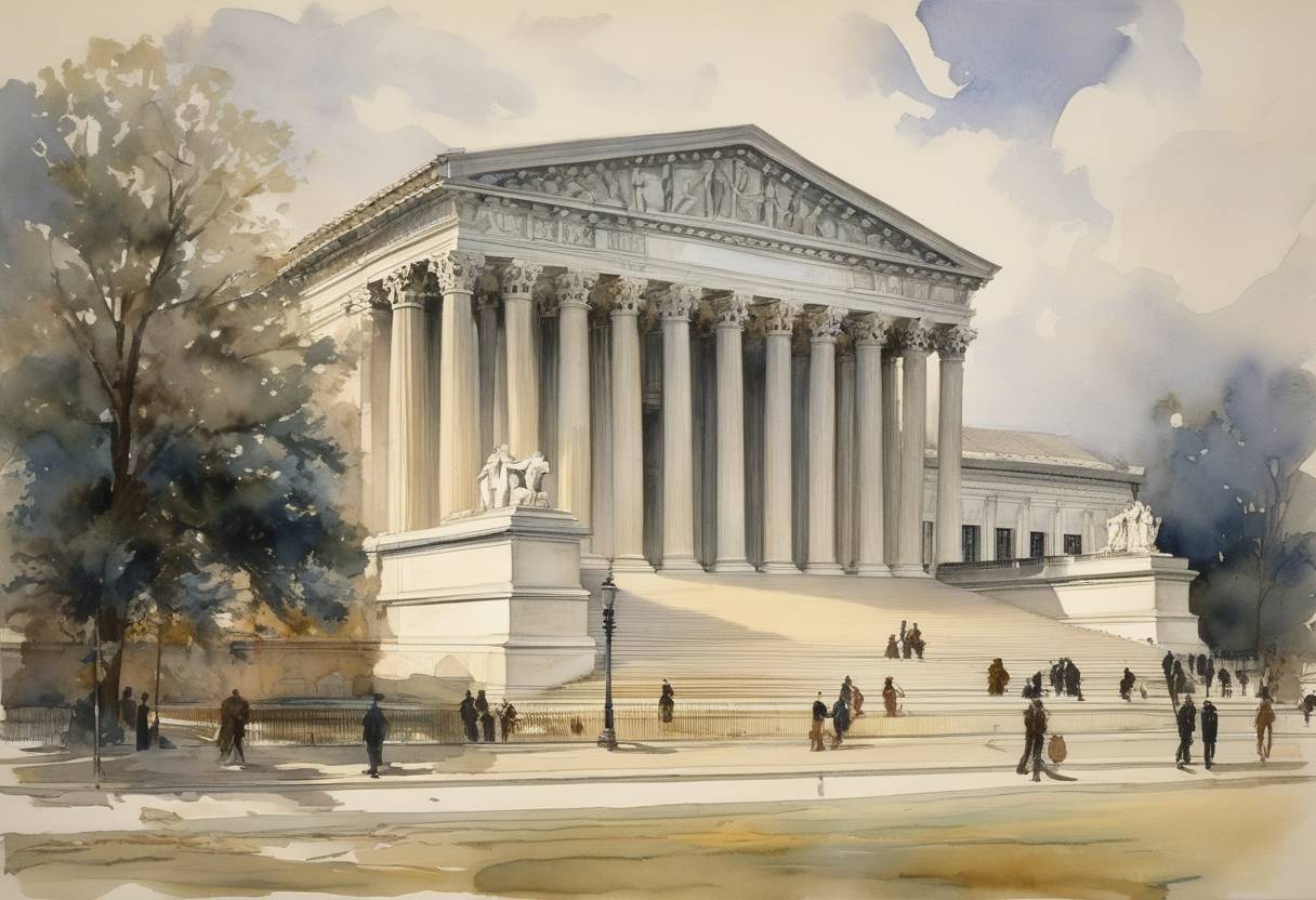 Watercolor painting based depiction of The Supreme Court of the United States ruled in Pollock v. Farmers' Loan & Trust Co., determining that unapportioned income taxes on interest, dividends, and rents were unconstitutional. (1895)