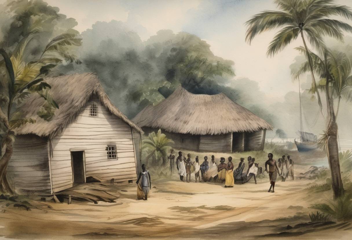 Watercolor painting based depiction of Liberia was established as a settlement by the American Colonization Society for freed American slaves, founding what would eventually evolve into the sovereign nation of Liberia. (1822)