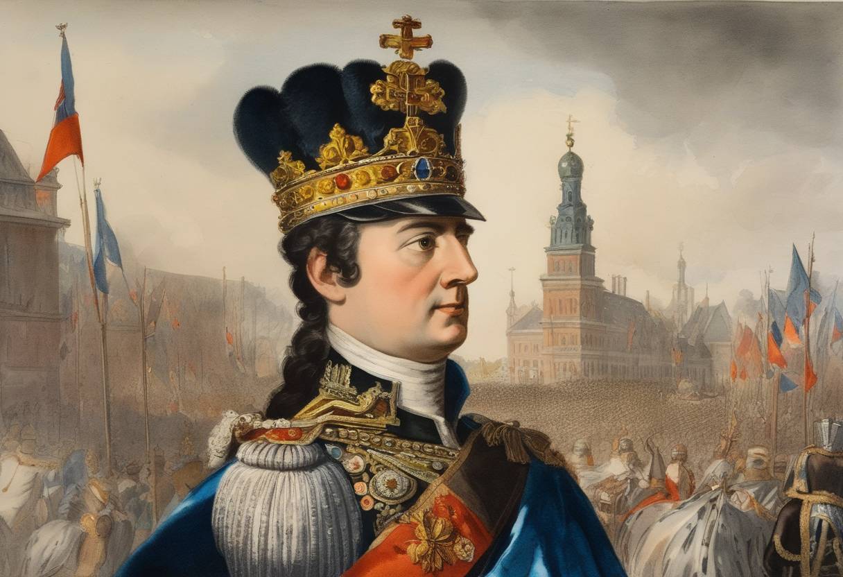 Watercolor painting based depiction of Frederick I is crowned King of Prussia, marking the elevation of Prussia to a kingdom, an important step in its rise as a European power. (1701)
