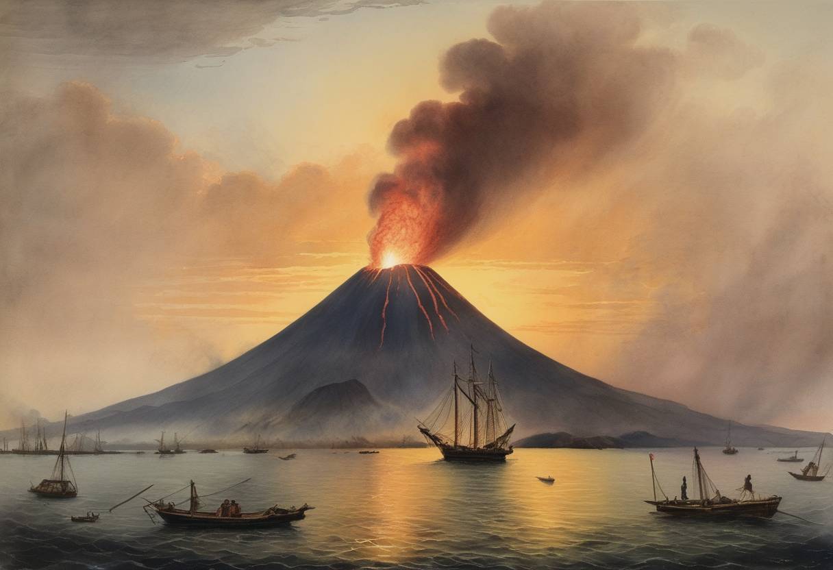 Watercolor painting based depiction of The eruption of Krakatoa, a volcanic island in the Sunda Strait between Java and Sumatra in Indonesia, reached its peak of intensity, producing spectacular sunsets and tsunamis that affected coastal areas across the Indian Ocean. (1883)