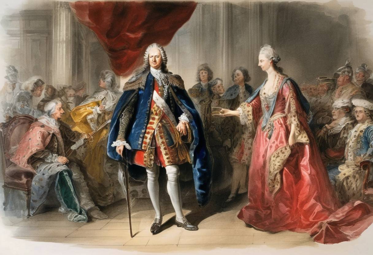 Watercolor painting based depiction of Frederick II (Frederick the Great) becomes King of Prussia. (1730)