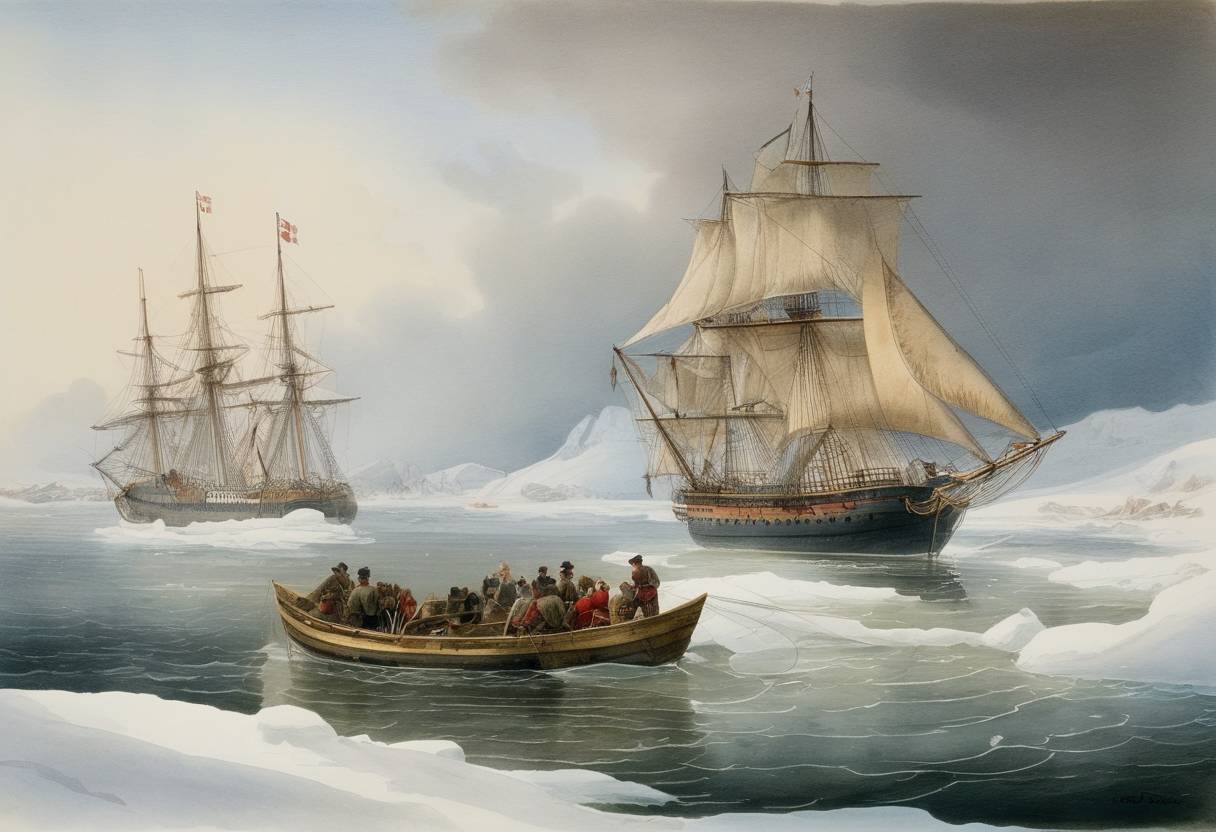 Watercolor painting based depiction of Sir John Franklin's expeditionary team departs from the company of their supply ships in an effort to chart the Northwest Passage as part of a British Royal Navy voyage. (1847)
