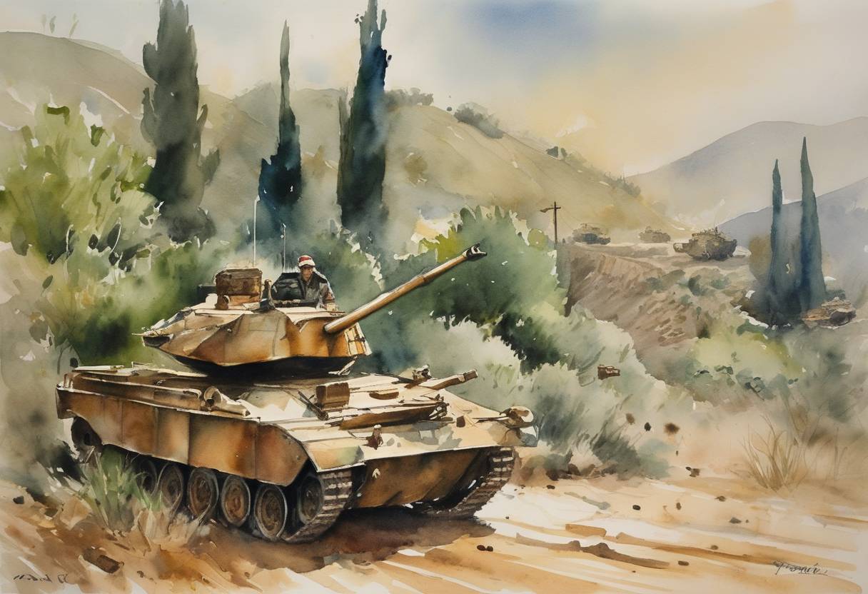 Watercolor painting based depiction of In the backdrop of the Lebanese Civil War, Israel launched Operation Peace for Galilee, invading southern Lebanon in a move aimed at driving out the Palestine Liberation Organization (PLO) forces. (1982)
