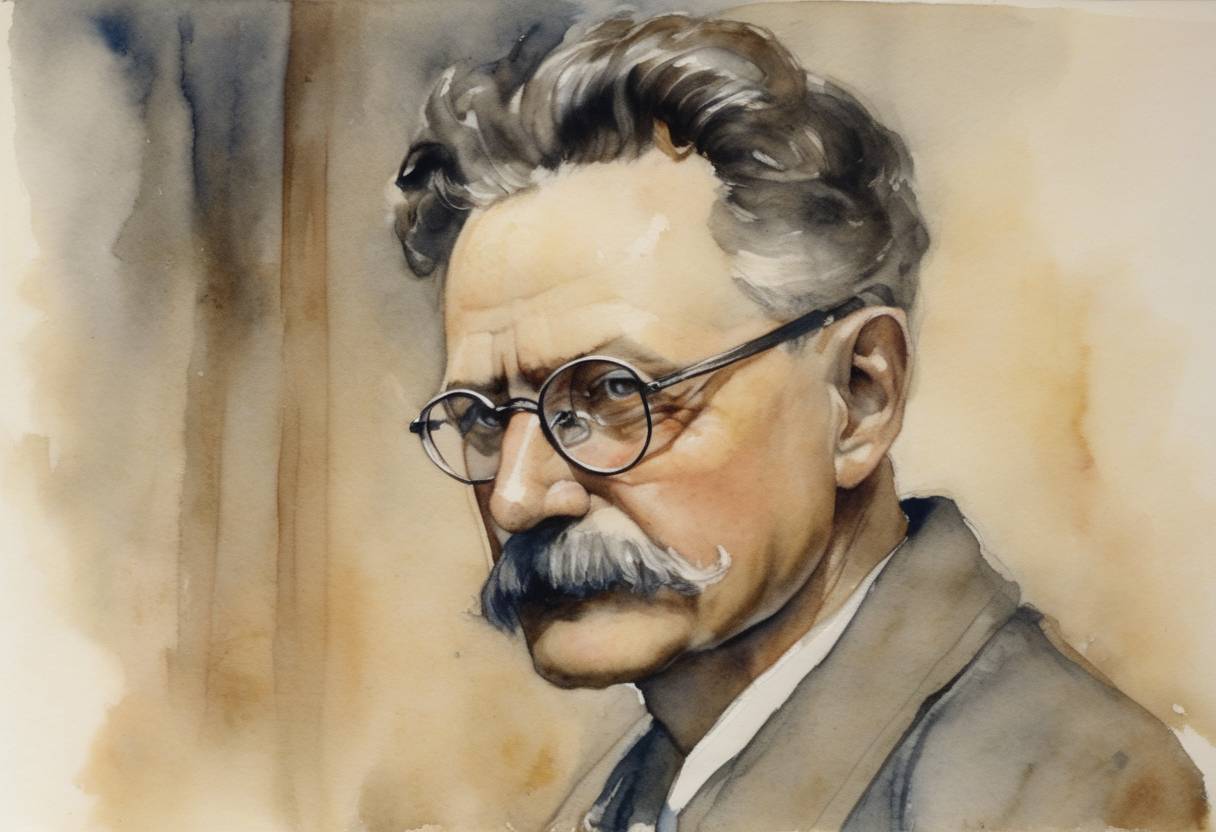 Watercolor painting based depiction of Leon Trotsky, a Russian revolutionary and political theorist, died from injuries inflicted by an assassin's ice axe attack on August 20 in Mexico City. The attack was ordered by Joseph Stalin. (1940)
