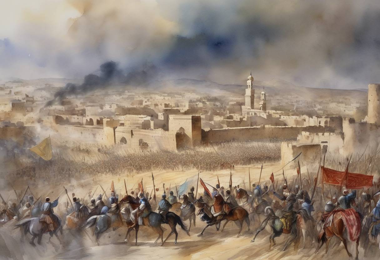 Watercolor painting based depiction of The Battle of Yarmouk concludes, marking a decisive victory for the Rashidun Caliphate led by Khalid ibn al-Walid against the Byzantine Empire in what is now Syria. (636)