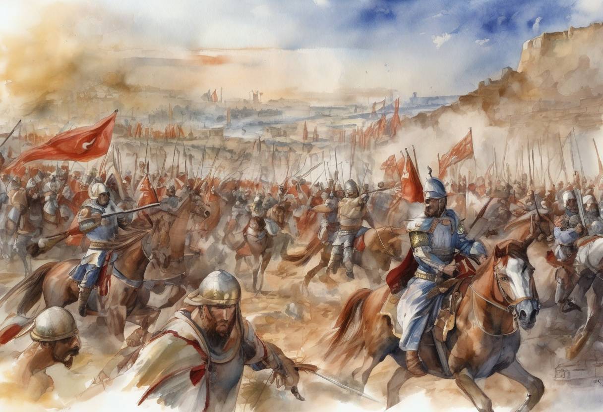Watercolor painting based depiction of The Battle of Myriokephalon took place, where the Byzantine Empire, led by Emperor Manuel I Komnenos, was defeated by the Seljuk Turks under Qilij Arslan II. (1176)