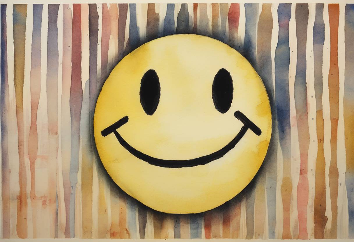 Watercolor painting based depiction of The first emoticon, the smiley face :-) was posted by Scott Fahlman on the Carnegie Mellon University bulletin board, marking a significant moment in digital communication. (1982)