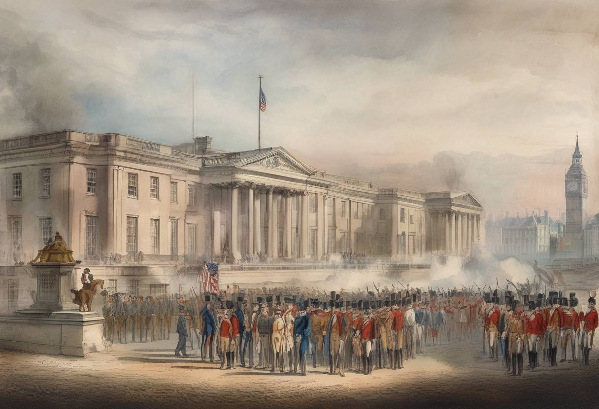 Watercolor painting based depiction of The Convention of 1818 was signed between the United States and the United Kingdom, establishing the 49th parallel as the border between the U.S. and British North America. (1818)