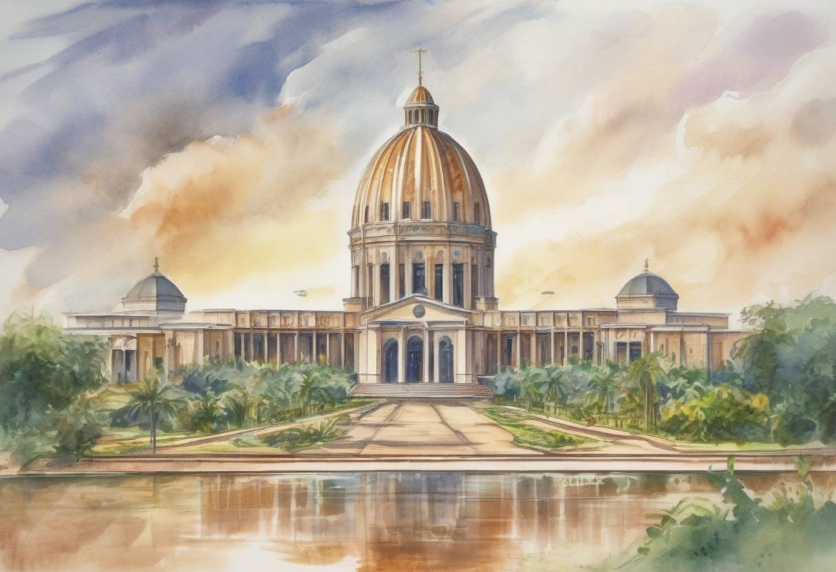 Watercolor painting based depiction of The Basilica of Our Lady of Peace in Yamoussoukro, Côte d'Ivoire, was consecrated by Pope John Paul II. It is one of the largest churches in the world. (1990)