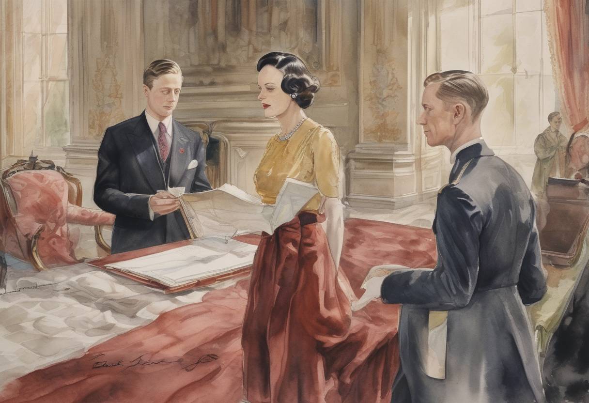 Watercolor painting based depiction of Edward VIII signed the Instrument of Abdication, renouncing the British throne to marry Wallis Simpson, an American divorcee. (1936)