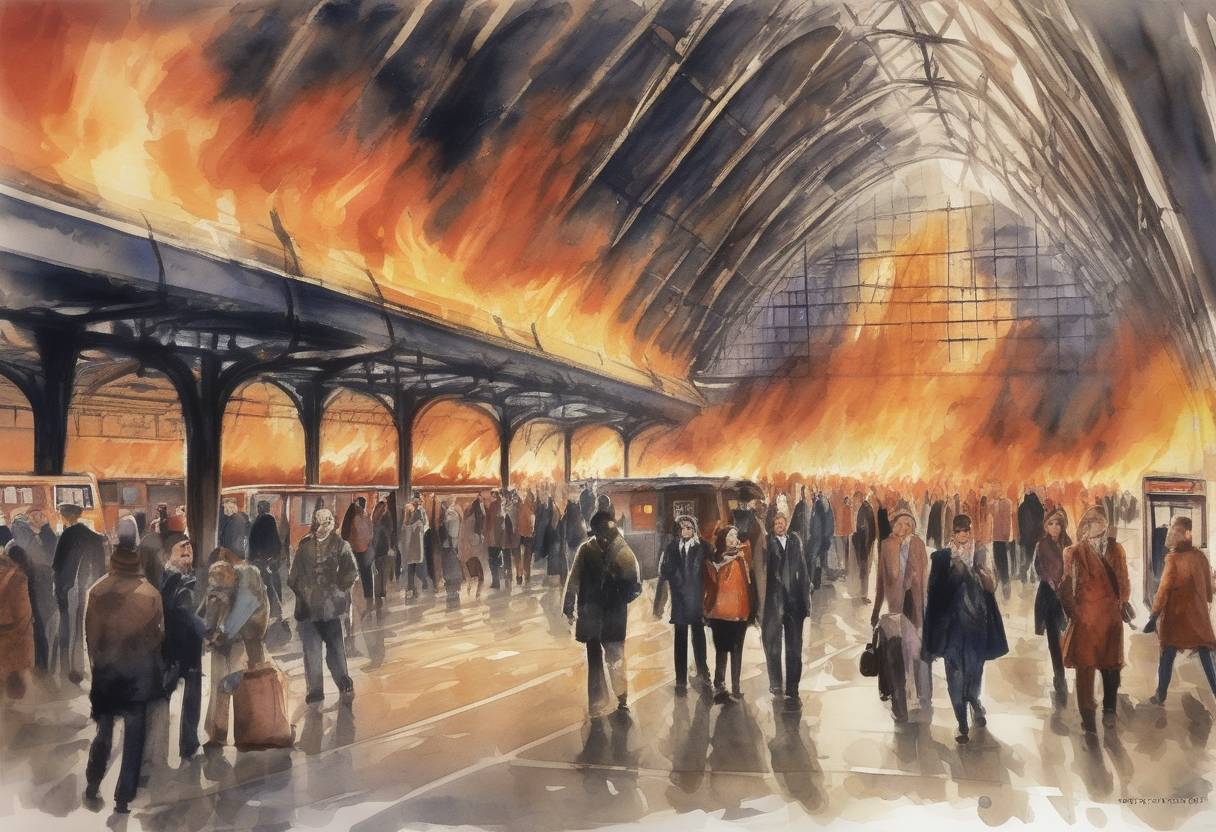 Watercolor painting based depiction of A fire in the King's Cross St Pancras tube station in London killed 31 people and injured many more, leading to major safety improvements in the London Underground. (1987)