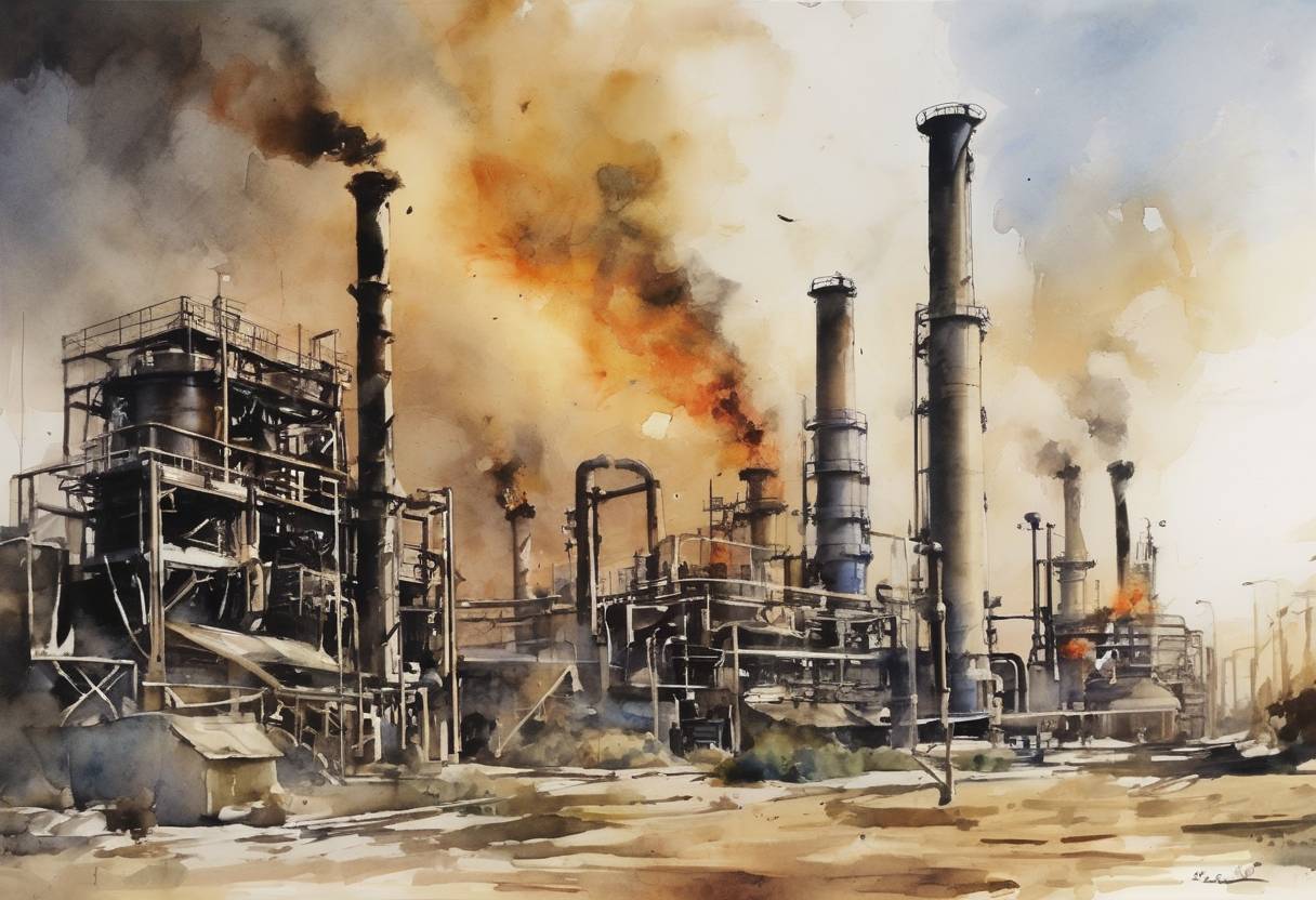 Watercolor painting based depiction of The Baiji oil refinery in Iraq was attacked by insurgents, causing significant damage and highlighting the ongoing instability in the region during the Iraq War. (2006)