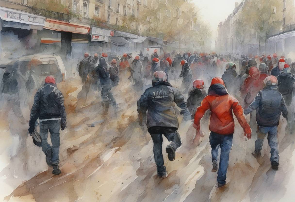 Watercolor painting based depiction of The civil unrest in France began, sparked by the deaths of two teenagers in Clichy-sous-Bois, leading to widespread riots across the country. (2005)