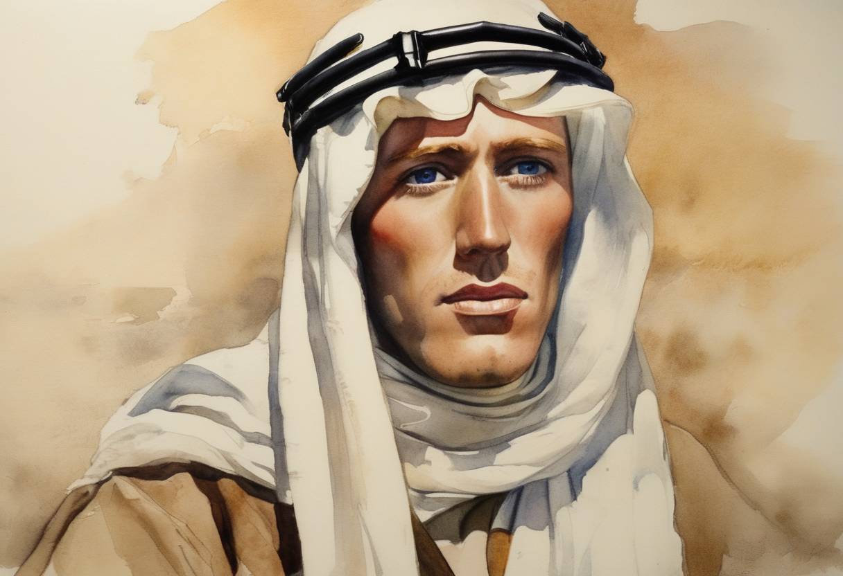 Watercolor painting based depiction of T.E. Lawrence, also known as Lawrence of Arabia, died from injuries sustained in a motorcycle accident in Dorset, England. (1935)