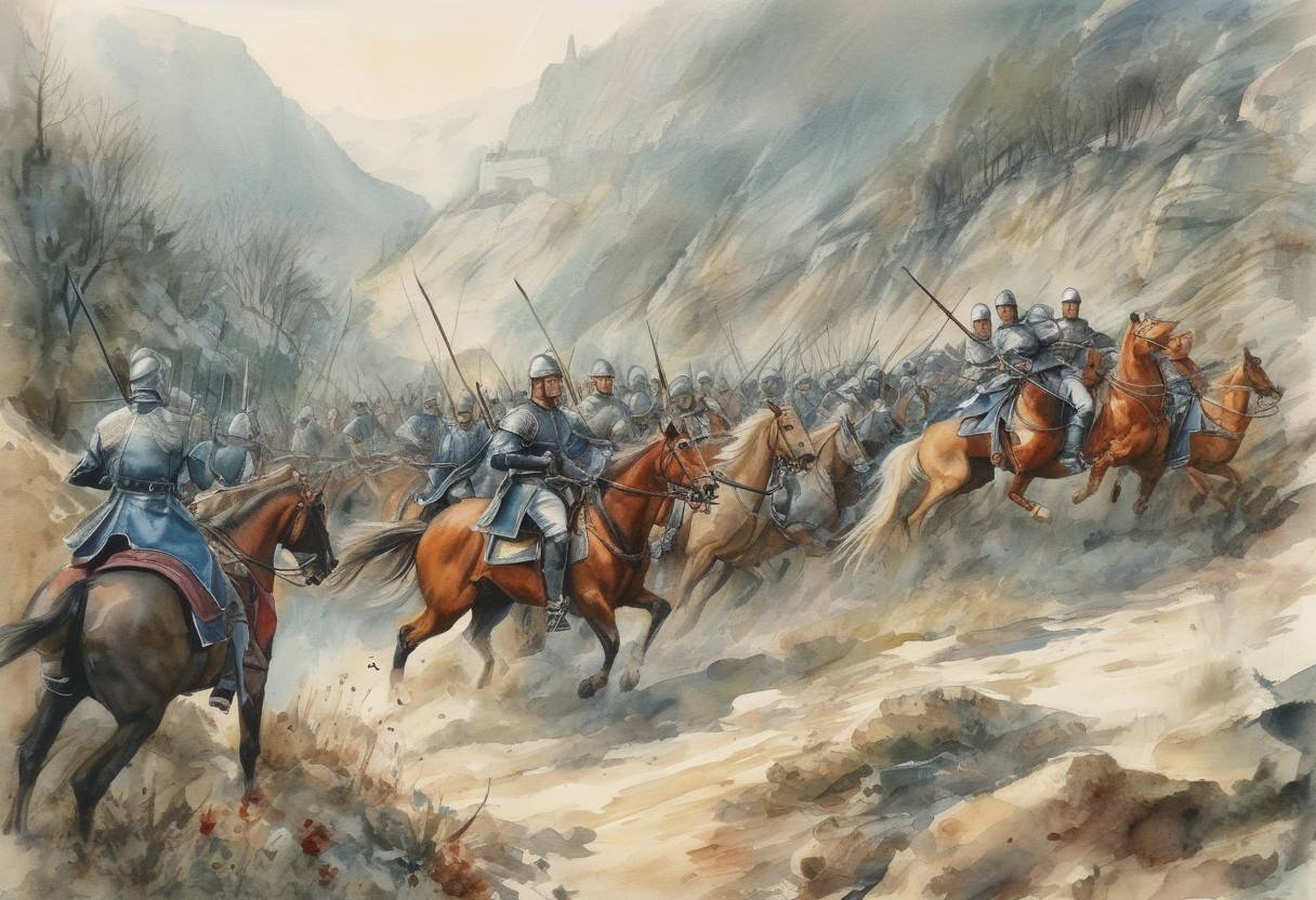 Watercolor painting based depiction of The Battle of Roncevaux Pass occurs, where Basque forces ambush Charlemagne's rear guard. This event is famously romanticized in the epic poem 'The Song of Roland.' (778)