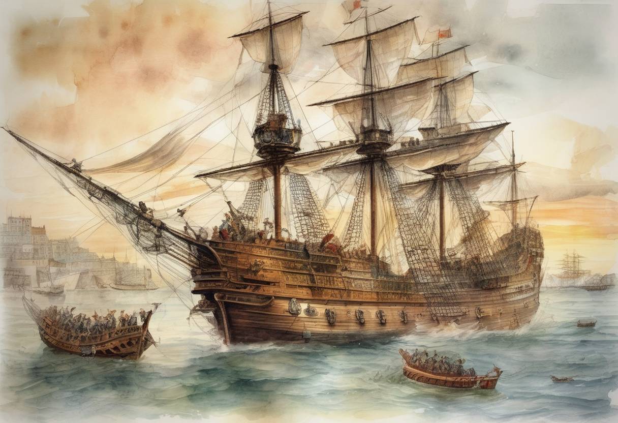 Watercolor painting based depiction of The last ship of the Spanish Armada set sail from Lisbon, marking the beginning of the Spanish attempt to invade England. The Armada was ultimately defeated by the English fleet and adverse weather conditions. (1588)