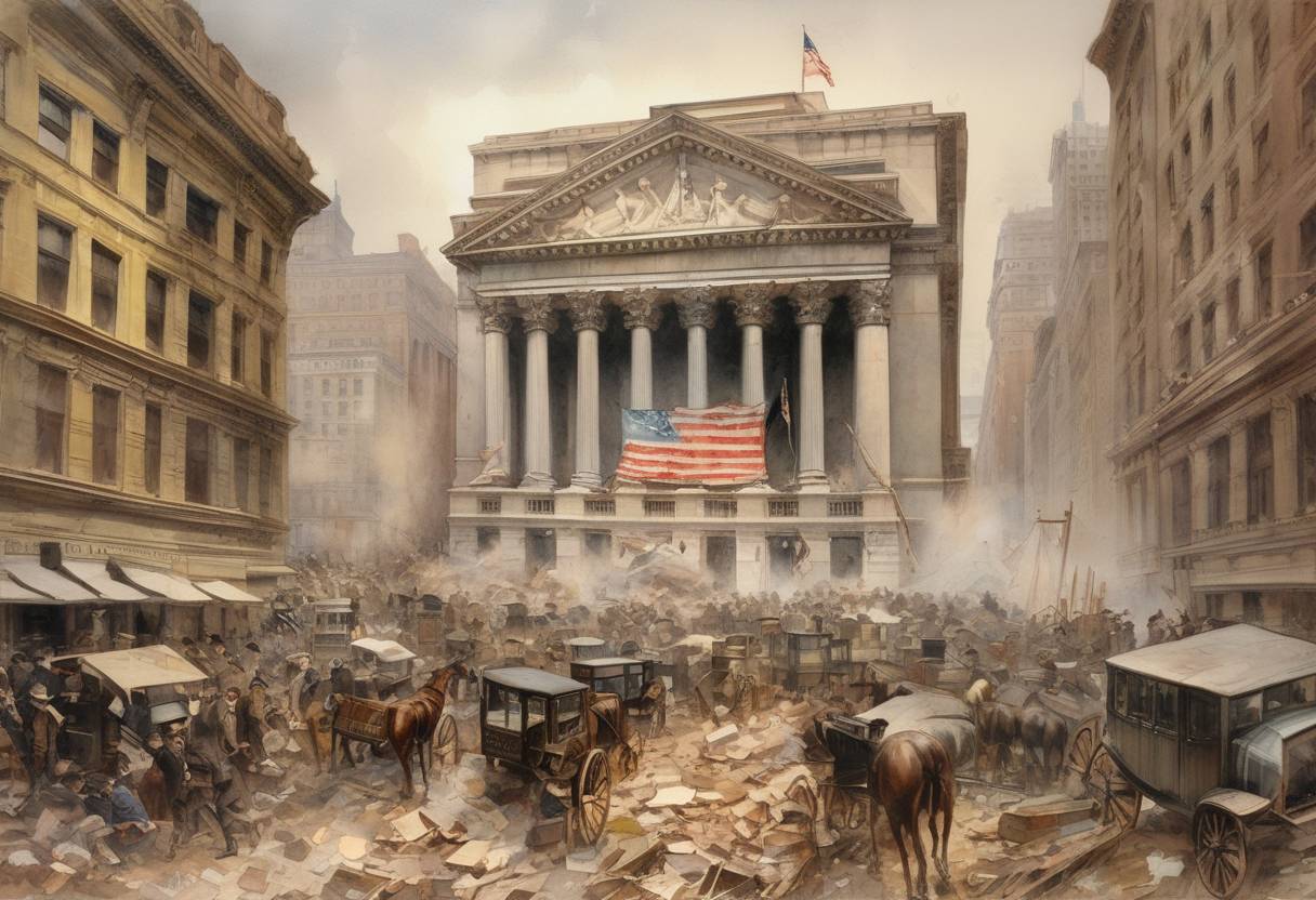 Watercolor painting based depiction of The New York Stock Exchange crashed, leading to the Panic of 1893, a serious economic depression in the United States. (1893)
