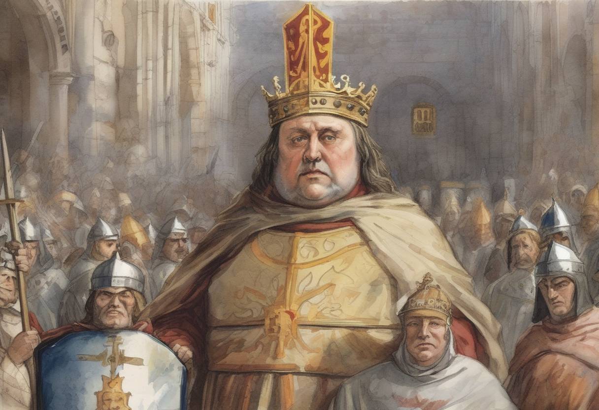 Watercolor painting based depiction of Charles the Fat, the last Carolingian Emperor, was deposed by the nobles of East Francia, leading to the eventual division of the Carolingian Empire. (887)