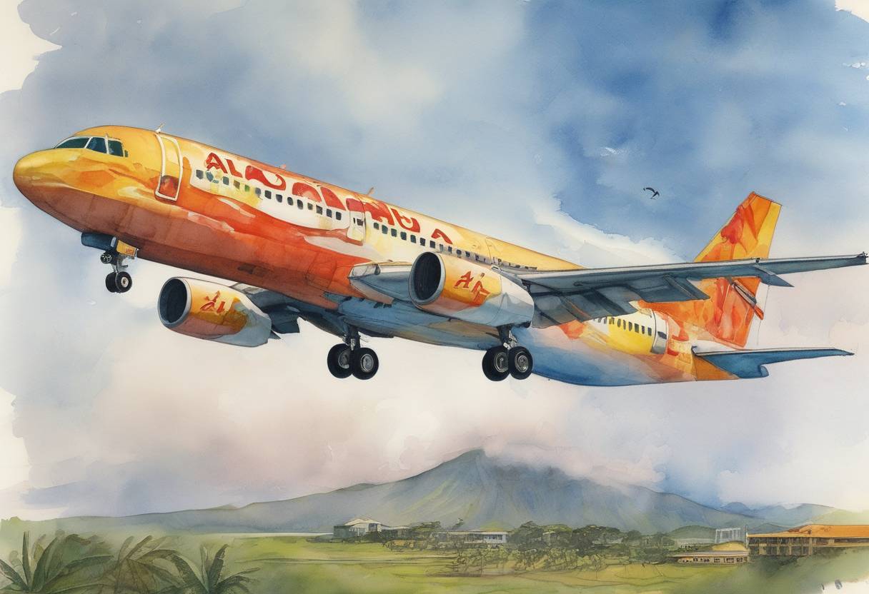 Watercolor painting based depiction of Aloha Airlines Flight 243 suffered an explosive decompression in mid-air, but managed to land safely in Kahului, Hawaii, with one fatality. (1988)