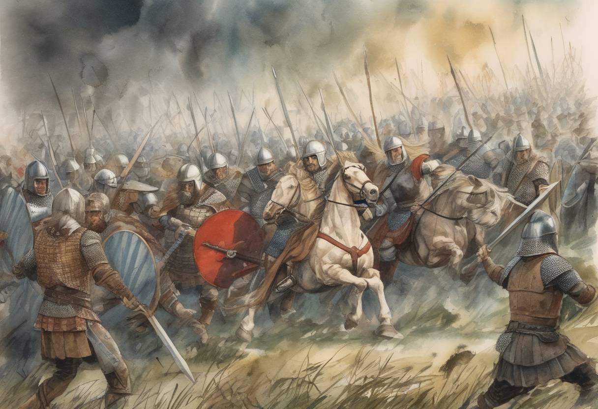 Watercolor painting based depiction of Battle of Marton: Æthelred of Wessex fights against a Danish Viking army. (871)