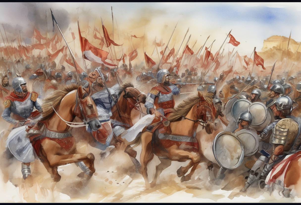 Watercolor painting based depiction of The Battle of Zama took place, marking the end of the Second Punic War. Roman forces led by Scipio Africanus defeated the Carthaginian army commanded by Hannibal, leading to Roman dominance over the western Mediterranean. (202)