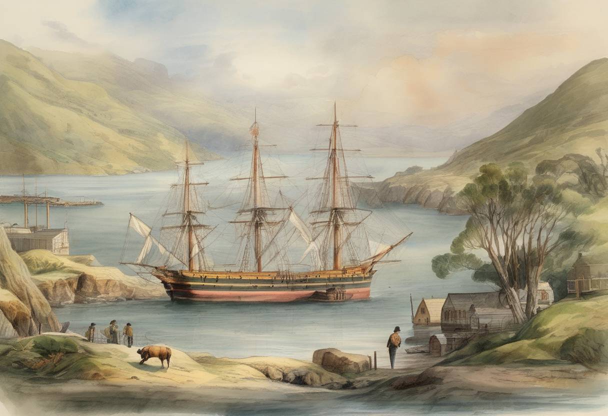 Watercolor painting based depiction of The ship John Wickliffe arrived at Port Chalmers, marking the beginning of European settlement in Otago, New Zealand. (1848)
