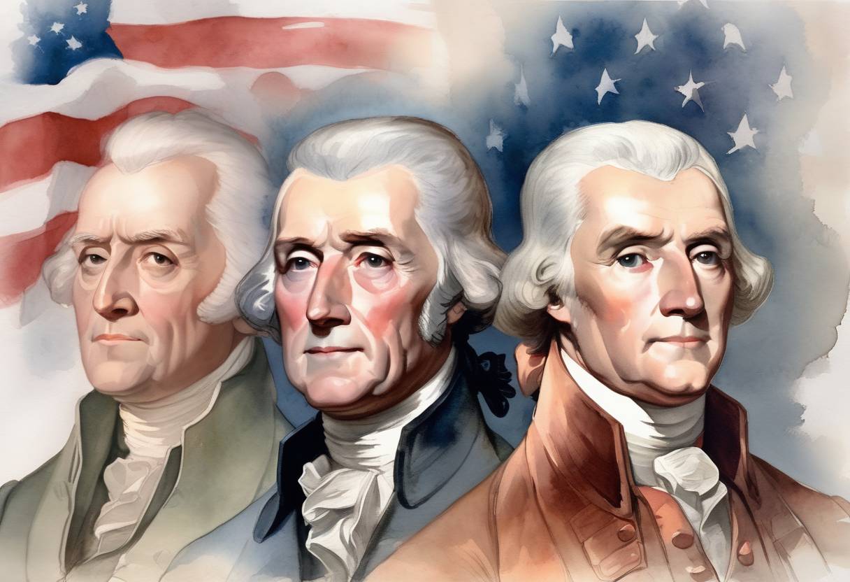 Watercolor painting based depiction of Former U.S. Presidents John Adams and Thomas Jefferson both die on the 50th anniversary of the Declaration of Independence. (1826)