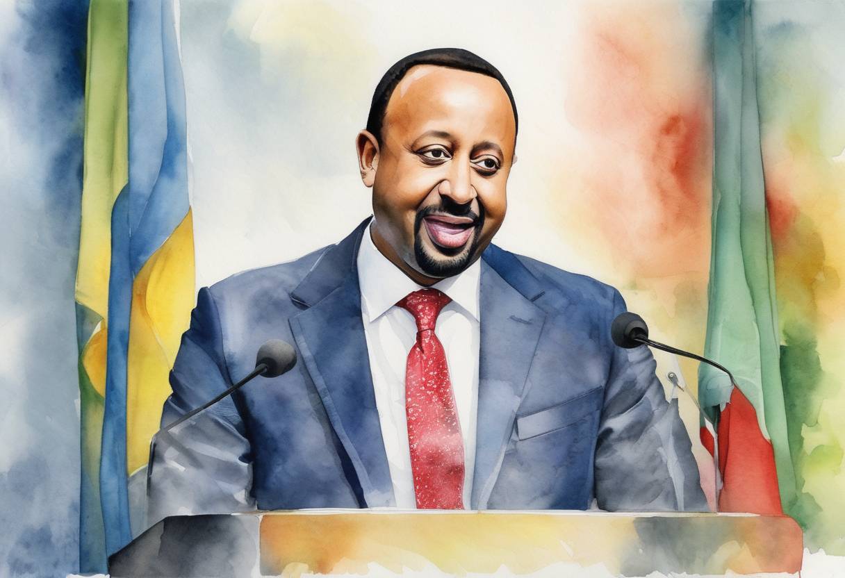 Watercolor painting based depiction of Ethiopian Prime Minister Abiy Ahmed was awarded the Nobel Peace Prize for his efforts to achieve peace and international cooperation, and in particular for his decisive initiative to resolve the border conflict with neighboring Eritrea. (2019)
