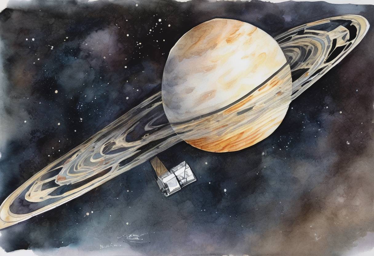 Watercolor painting based depiction of Pioneer 10, the first spacecraft to travel through the asteroid belt and make a flyby of Jupiter, crosses the orbit of Pluto, becoming the first human-made object to leave the proximity of the major planets of the Solar System. (1983)