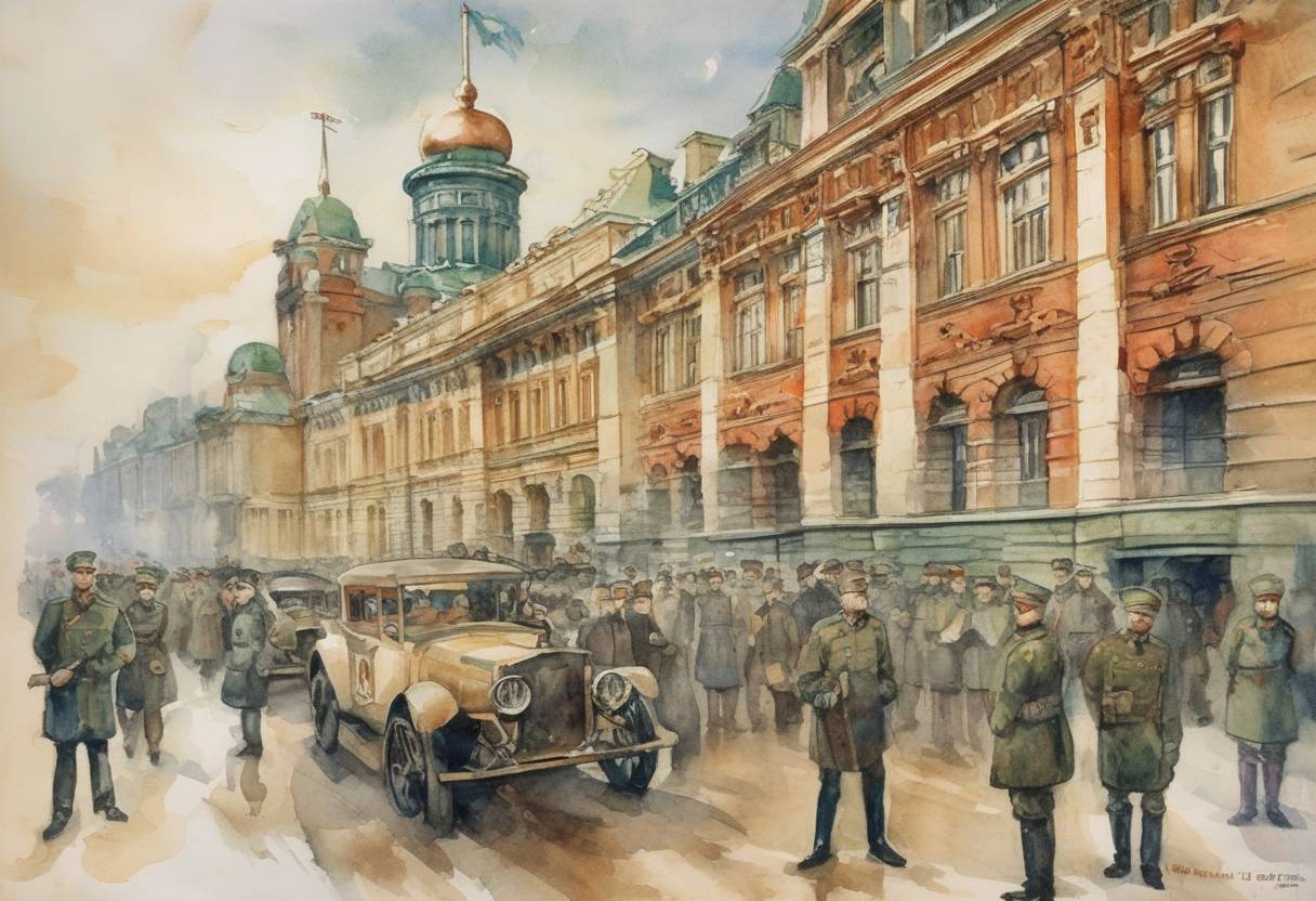 Watercolor painting based depiction of The Cheka, a Soviet secret police organization, was established by the Bolshevik government, marking the beginning of a series of secret police organizations in Soviet Russia. (1917)