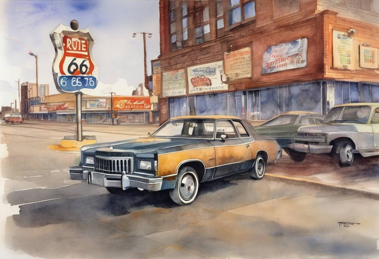 Watercolor painting based depiction of Route 66, the iconic American highway, was officially removed from the United States Highway System after it was replaced by the Interstate Highway System. (1985)