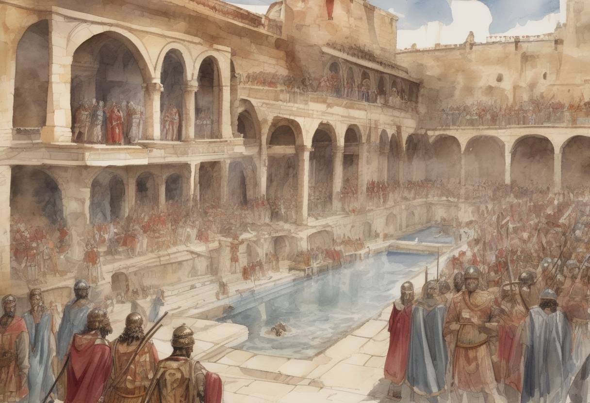Watercolor painting based depiction of The Byzantine Emperor Constans II was assassinated in his bath at Syracuse, Sicily, by his chamberlain. Constans II had been ruling since 641 and his reign was marked by military conflicts with the Arabs and internal religious disputes. (668)