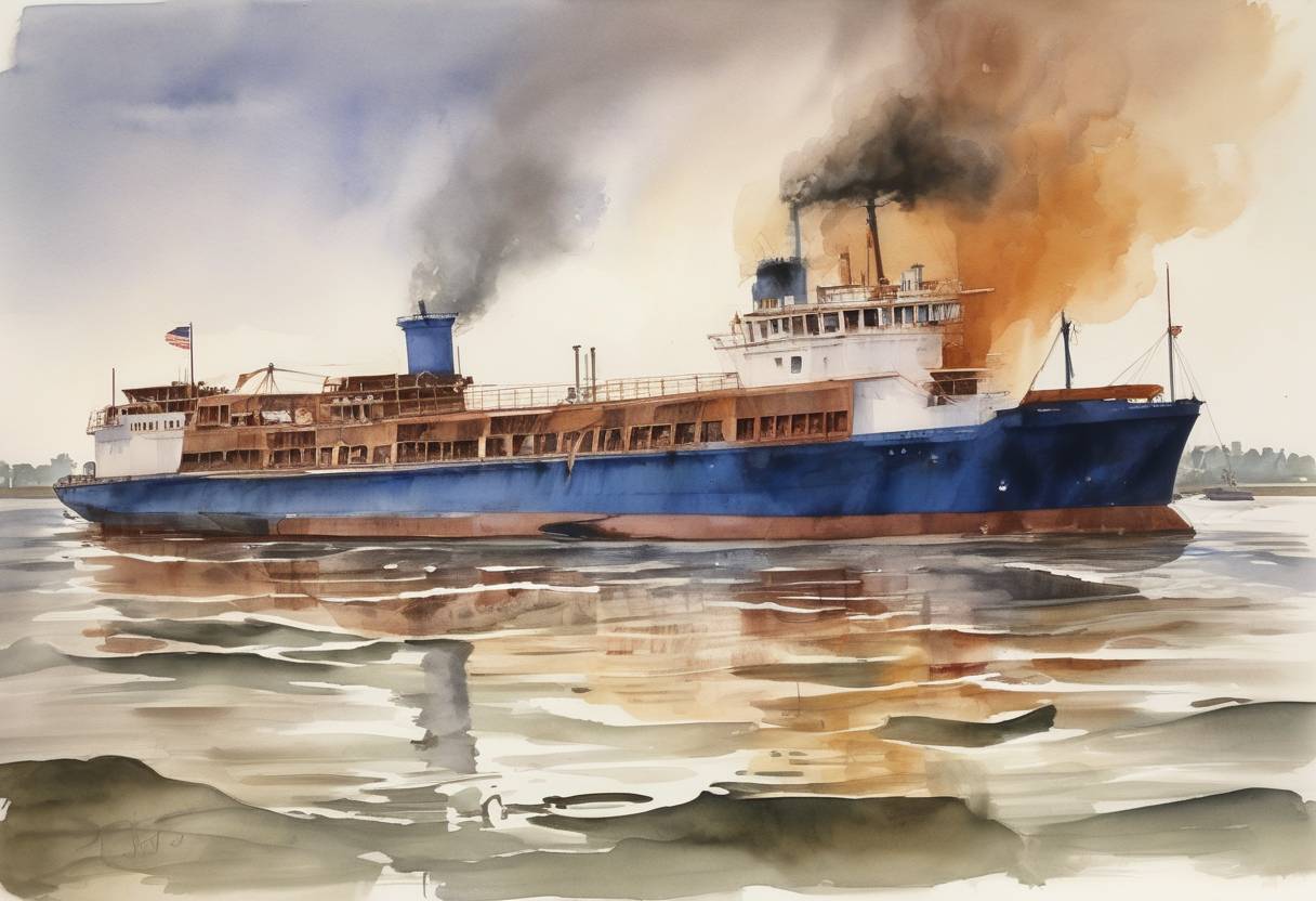 Watercolor painting based depiction of The ferry MV George Prince was struck by a tanker on the Mississippi River near New Orleans, Louisiana, resulting in the deaths of 78 people in one of the deadliest ferry disasters in U.S. history. (1976)