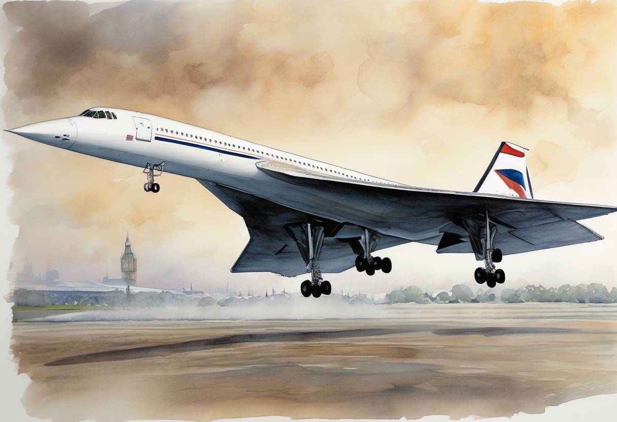 Watercolor painting based depiction of The Concorde makes its last commercial flight, ending an era of supersonic passenger travel. (2003)