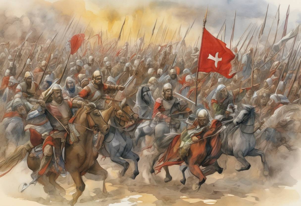 Watercolor painting based depiction of The People's Crusade, part of the First Crusade, is decisively defeated by the Seljuk forces at the Battle of Civetot. (1096)