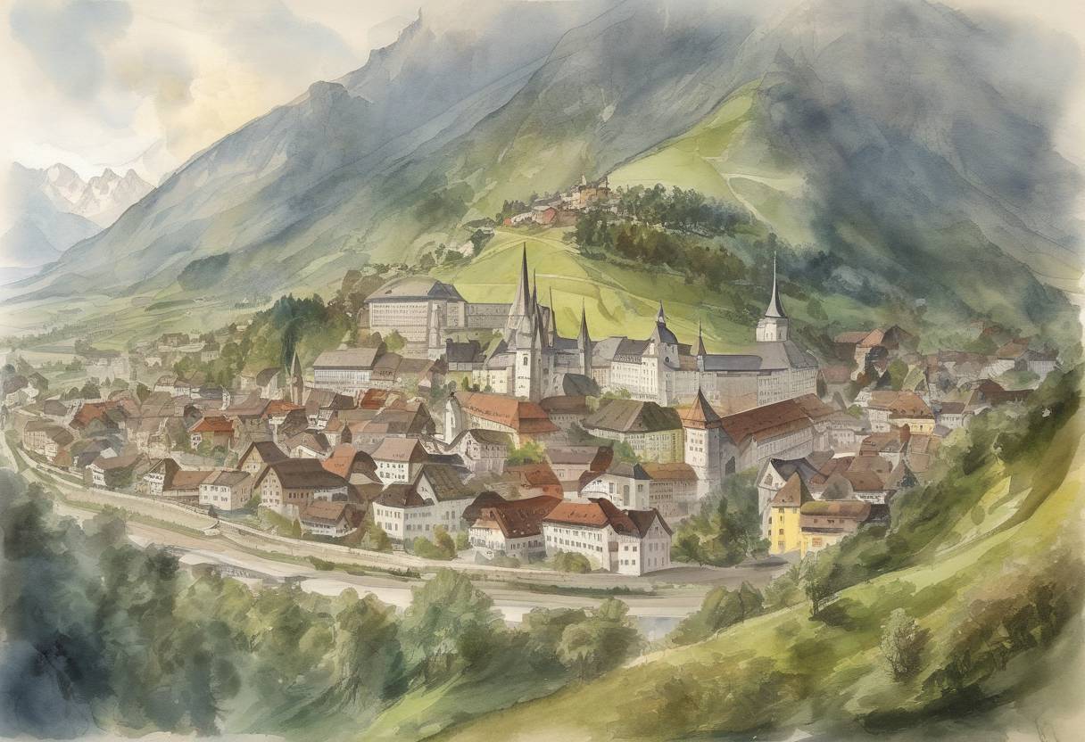Watercolor painting based depiction of The Principality of Liechtenstein is created within the Holy Roman Empire. (1719)