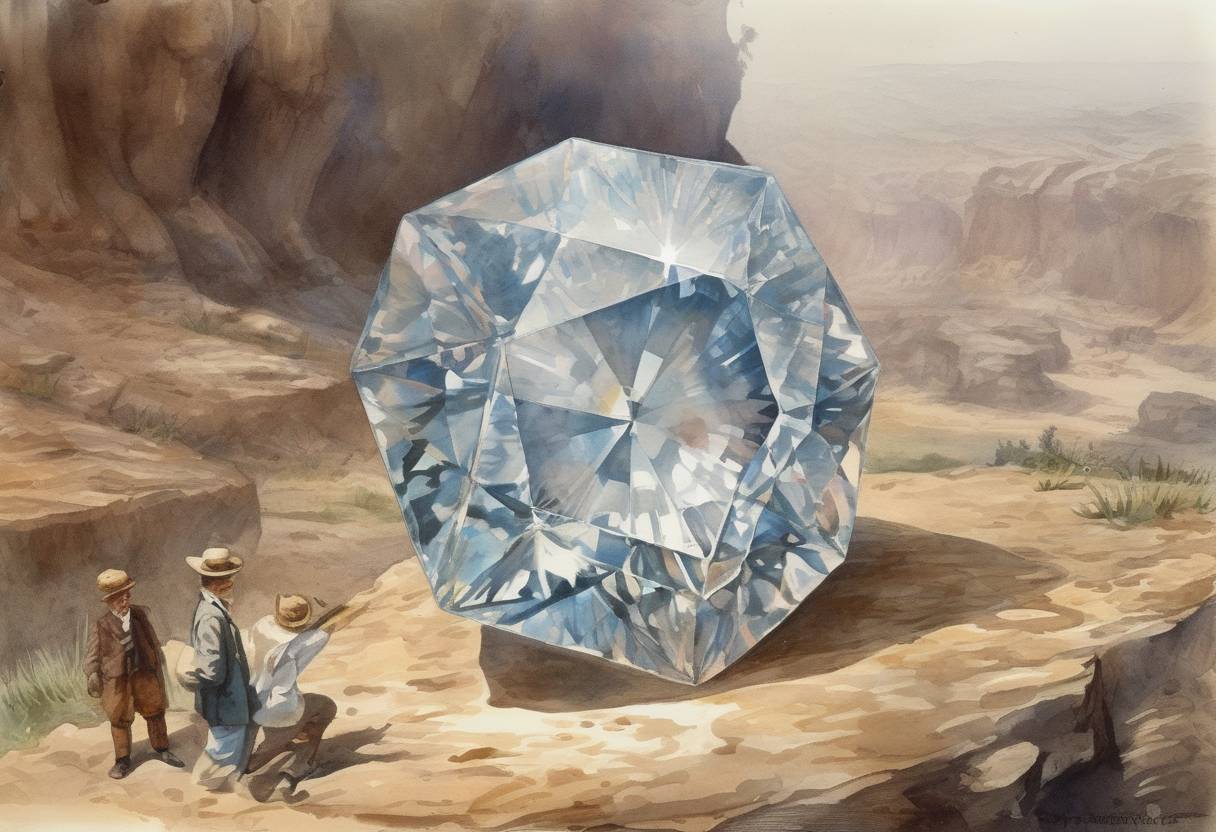 Watercolor painting based depiction of The world's largest diamond, the Cullinan, was discovered at the Premier Mine in Pretoria, South Africa. (1905)
