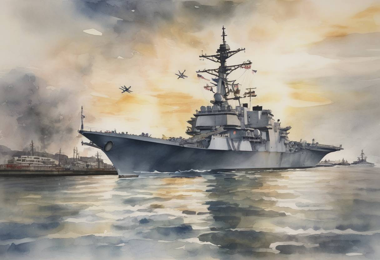 Watercolor painting based depiction of The United States Navy relieves Vice Admiral Joseph Aucoin of his command of the Seventh Fleet following a series of collisions involving its ships, including the USS John S. McCain. (2017)