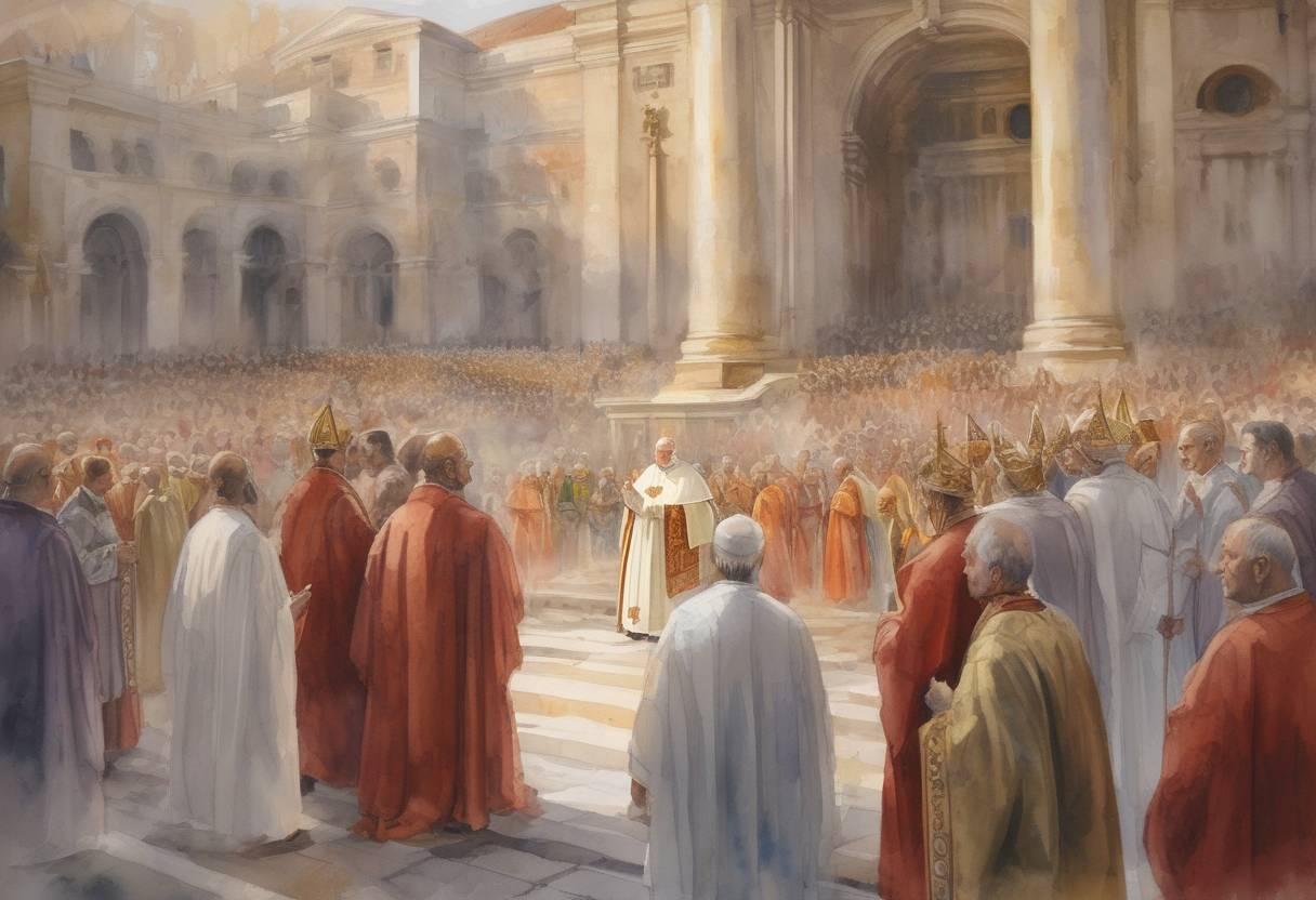 Watercolor painting based depiction of Pope John IV was consecrated as the Bishop of Rome, succeeding Pope Severinus. (640)